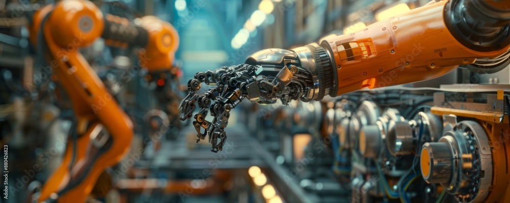 Poster a robot arm assembling a complex piece of machinery, its movements precise and efficient.