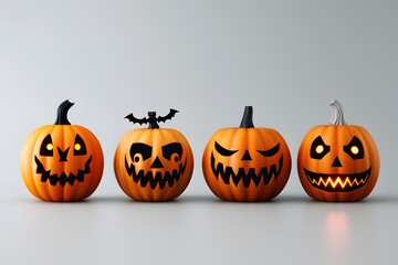 Four carved pumpkins with scary faces and glowing eyes in a row, perfect for Halloween decorations