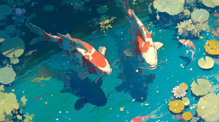 beautiful koi on pool with lotus vector art