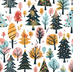  A vibrant and whimsical pattern featuring various abstract trees in colorful shades of pink, blue, orange, and black on a white background