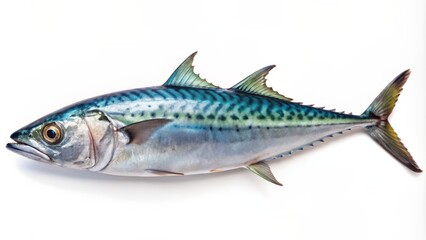 Obraz premium Freshly caught Japanese Spanish mackerel fish isolated on white background showcasing its silver scales and vibrant blue dorsal fin.