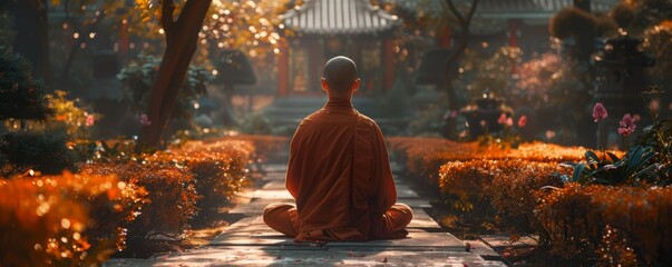 A serene portrait of a monk meditating in a peaceful garden.