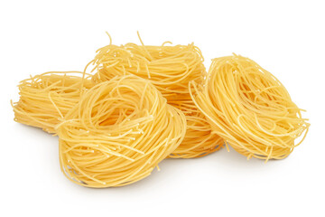 Italian pasta tagliatelle nest isolated on white background with full depth of field.