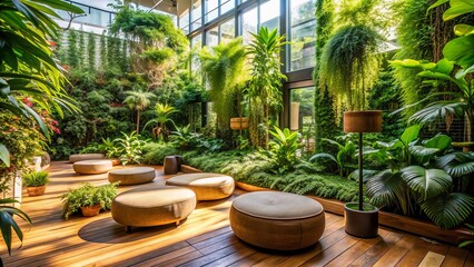 Fototapeta premium Vibrant green urban oasis with lush plants and wooden pouf, surrounded by modern technology and subtle warm natural lighting ambiance.