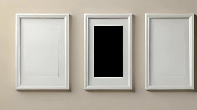 picture frame mockup set of three vertical white frames on beige neutral wall background