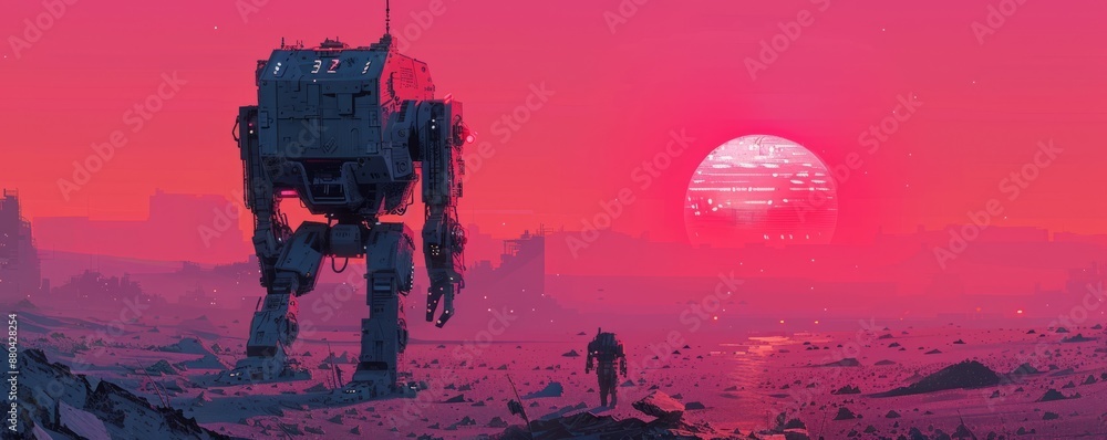 Poster retro-futuristic robot exploring desolate planet with pixelated form
