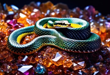 Obraz premium serpentine snake gliding across shimmering quartz crystals, slithering, reptile, reptilian, crawling, moving, gemstones, bed, surface, shiny, reflections