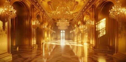 Obraz premium Elegant golden hallway decorated with chandeliers Emphasis is placed on luxurious decoration and architectural beauty.
