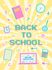 Poster with the inscription back to school on a yellow background with stickers of school supplies placed on it. Vector template for banner, post, postcard