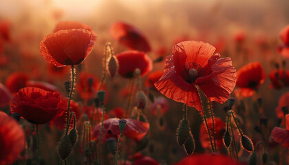 Fototapeta premium Close up of red poppy flowers generated.AI
