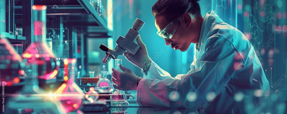 Poster a scientist conducting an experiment in a high-tech laboratory.
