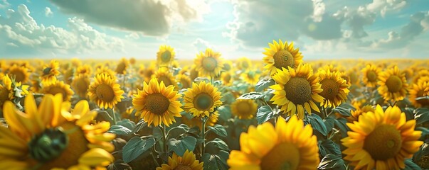 Fototapeta premium Vibrant field of sunflowers stretching towards the sky, 4K hyperrealistic photo
