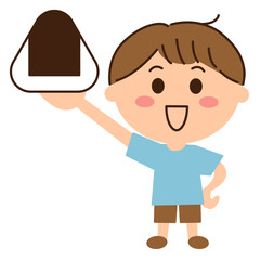 おにぎりを持って上げる男子