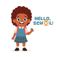 Preschool smiling kid at school. First day of school banner. Back to school. Hello school