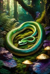 Fototapeta premium cozy woodland burrow curled snake, nature, wildlife, forest, reptile, animal, habitat, hideaway, outdoors, resting, comfortable, wild, creature, natural, foliage