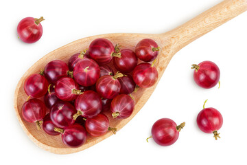 Red gooseberry in wooden spoon isolated on white background. Top view. Flat lay.