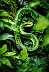 Obraz premium serpent concealed luxuriant camouflaged snake lush foliage, greenery, hidden, vegetation, reptile, dense, overgrown, covert, verdant, undergrowth, thriving