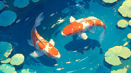 Fototapeta premium beautiful koi on pool with lotus vector art