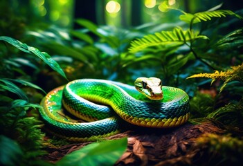 Fototapeta premium sinuous reptile slithering among thick foliage forest, weaving, underbrush, wildlife, nature, serpent, camouflage, leaves, environment, scales, crawling