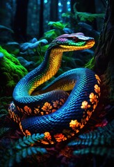 Fototapeta premium serpent coiled among luminous fungi, snake, reptile, reptilian, serpents, serpentines, serpentinely, snaky, snakelike, snakes, curled, coils, coiling