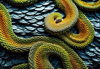 Obraz premium shimmering snake scales intertwined vibrant lichen patterns, shiny, gleaming, colorful, bright, vivid, iridescent, glossy, sparkling, twinkling, glittering, smooth,