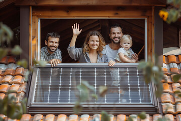 Happy family waving from skylight at roof with solar panels to show that they like photovoltaic as a green energy concept