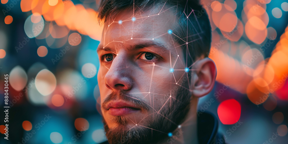Aufkleber portrait of man with wireframe overlay for deepfake technology. facial tracking, detection and recog