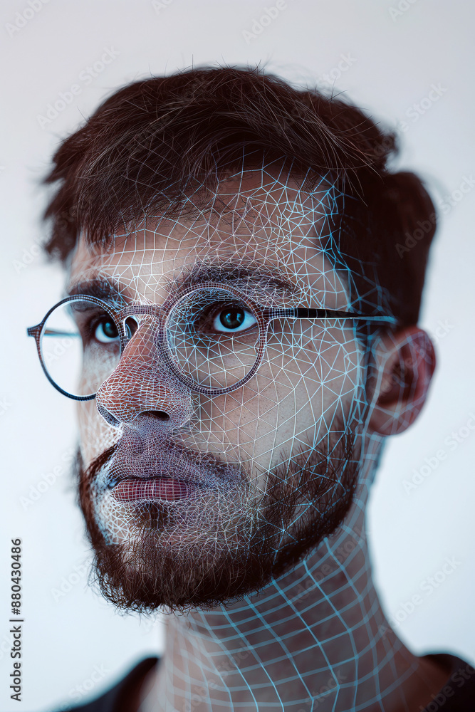 Poster portrait of man with wireframe overlay for deepfake technology. facial tracking, detection and recog