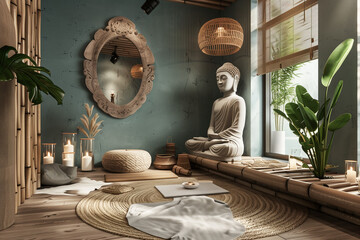 yoga room with buddha statue for meditation