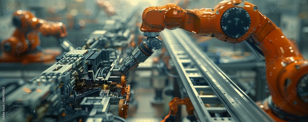 Poster a robot arm assembling a complex piece of machinery, its movements precise and efficient.