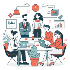 Business communication concept. Group of employees discussing idea at table. Brainstorming and company development, directors council or analytical department. Cartoon flat vector illustration.