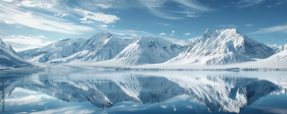 Poster Snow-Capped Mountains Reflecting in Calm Water, 4K hyperrealistic photo