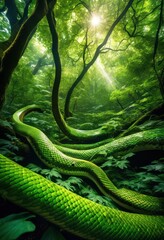 Obraz premium enchanted forest canopy concealing hidden snake among leaves, magical, woods, lush, creatures, camouflaged, dense, foliage, greenery, mysterious