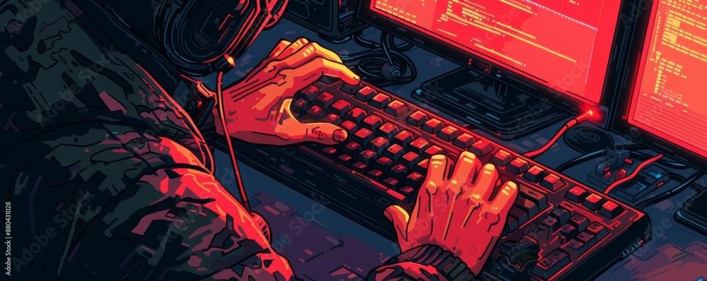 Poster a pixel art illustration of a hacker typing on a computer, their fingers flying across the keyboard,