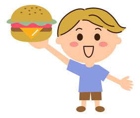 ハンバーガーを持って上げる金髪の男子