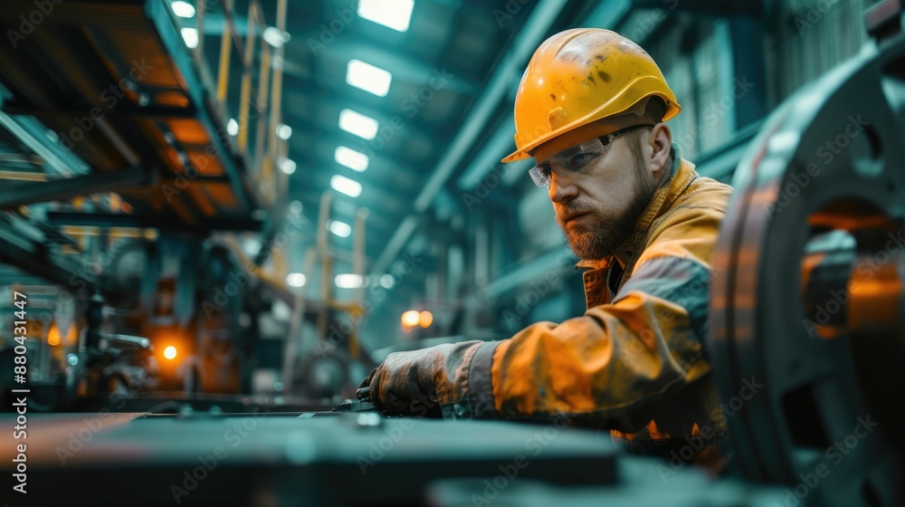 Poster smart engineer checking iron machine in factory while wearing safety helmet. professional industrial