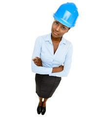 Woman, architect and arms crossed with helmet in studio portrait for construction agency by white background. African contractor, engineer for building with decision and above property development