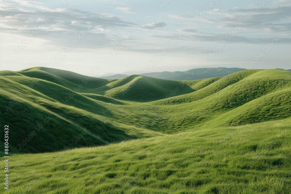 Poster a field of grass with hills in the background