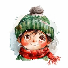 An adorable watercolor illustration of a child wearing a green winter hat and red scarf, with a cheerful expression and snowy background