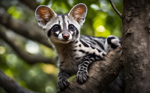 A genet climbing gracefully in an African tree