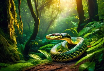 serpent roaming enchanted forest trail, snake, reptile, mystical, woods, path, adventure, nature, wildlife, creature, slithering, mysterious, fantasy
