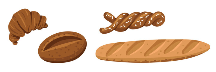 A set of colorful bakery products, a natural illustration of baking bread and sweets. Natural color scheme. Delicious sweet pastries made from different types of dough. Packaging in cafes, bakeries
