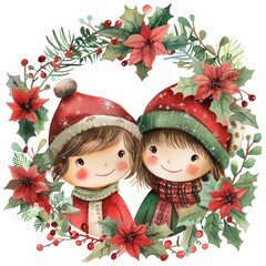 A charming illustration of two kids wearing winter hats and scarves, framed by a festive Christmas wreath with holly and berries