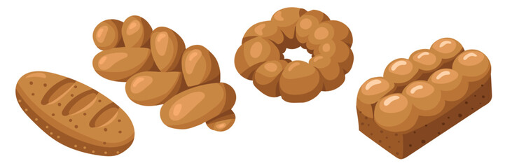 A set of colored bakery products, a natural illustration. Natural color scheme. loaf, basket, bagel. Delicious pastries from different types of products. Suitable for baking in cafes, bakeries. range