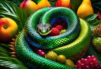 exotic fruit enveloped coiled reptile captivating display nature, tropical, snake, alluring,...