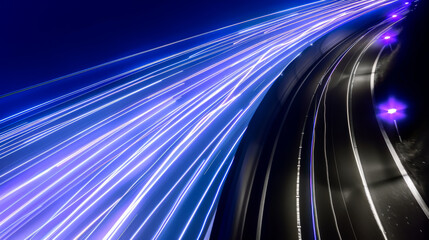 Abstract background. Straight and curved lines look like streaks of light moving across a dark background. Copy space. Digital data.