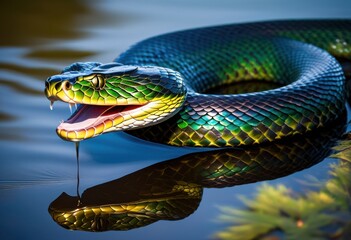 Obraz premium silent serpent slithering across mirror like lake surface, snake, gliding, reptile, motion, movement, water, pond, reflection, wildlife, nature, peaceful,