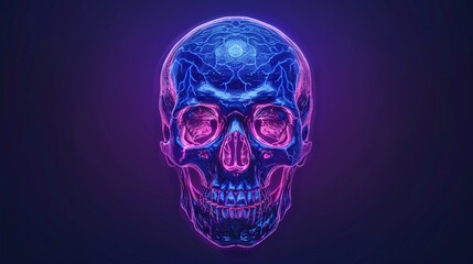 Dark skull with bone ornaments, spectral lighting, cyberpunk style, detailed art, eerie atmosphere