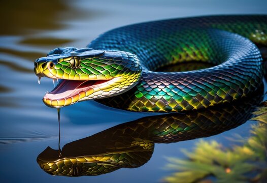 silent serpent slithering across mirror like lake surface, snake, gliding, reptile, motion, movement, water, pond, reflection, wildlife, nature, peaceful,