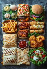 Assorted Appetizers and Snacks on a Table. A table with various appetizers and snacks, including a burger, fried chicken, shrimp, french fries, and other finger foods.